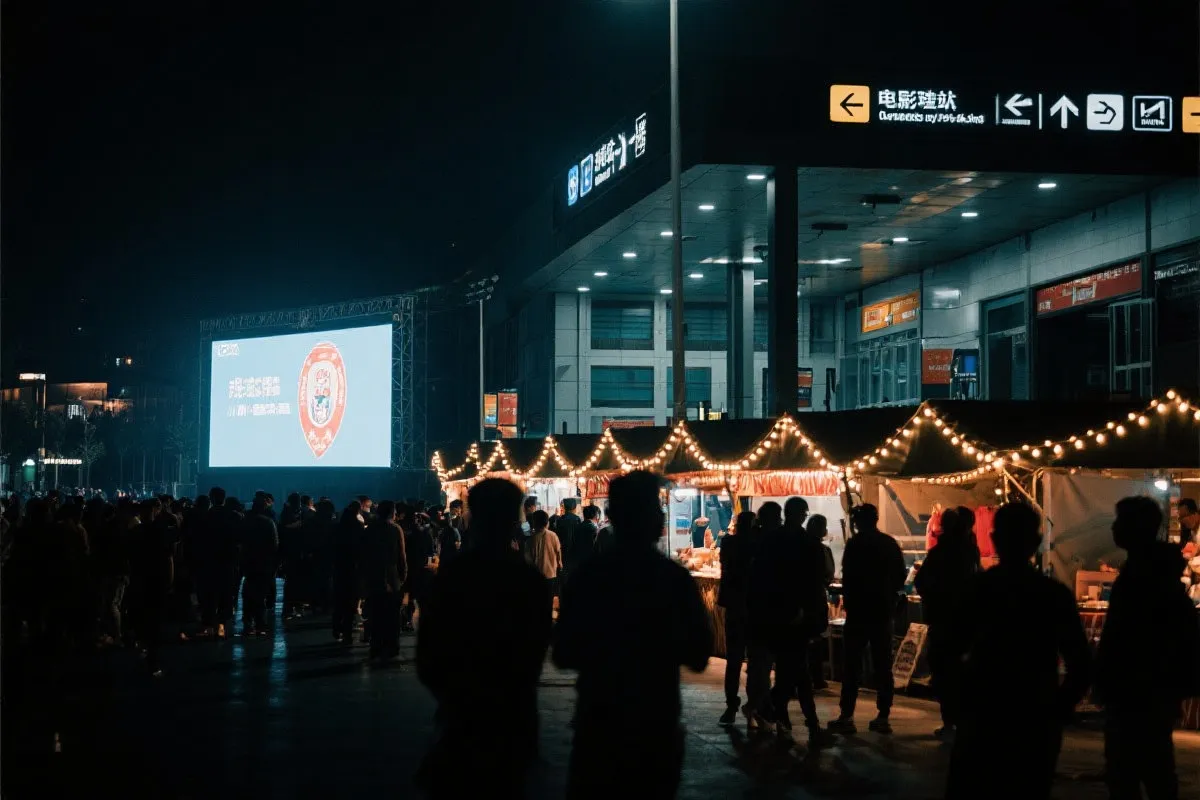 费城球迷广场夜景：大屏观赛人群、步行指示牌与公共交通入口